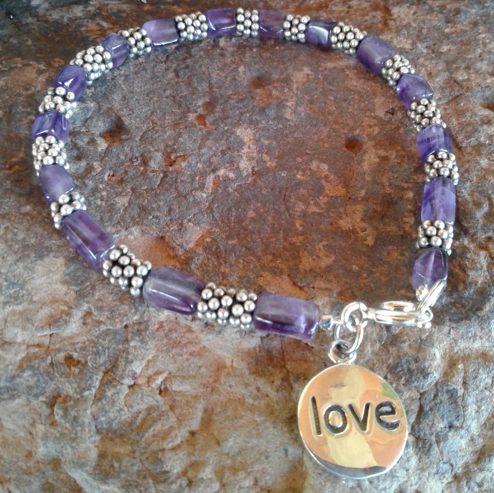 Sterling Silver Hand Made Amethyst Love Charm Bracelet